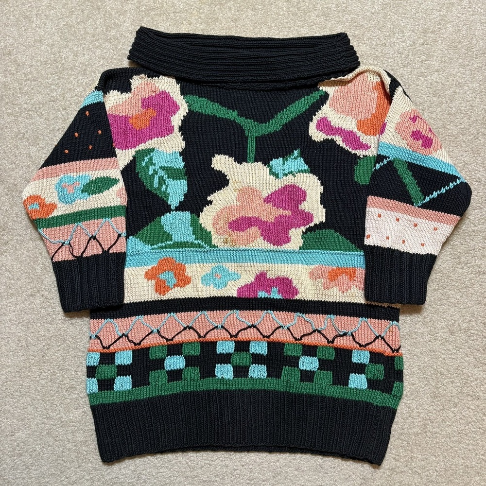 Vtg Berek Sweater Womens MED Multicolor Floral Cowl Neck‎ Hand Knit Art Uruguay